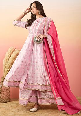 Pink Woven Silk Kurta Set