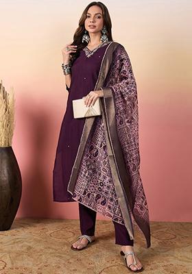Purple Woven Silk Kurta Set