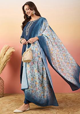 Blue Woven Silk Kurta Set