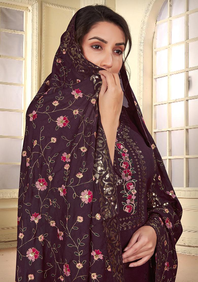 Brown Embroidered Georgette Kurta Set