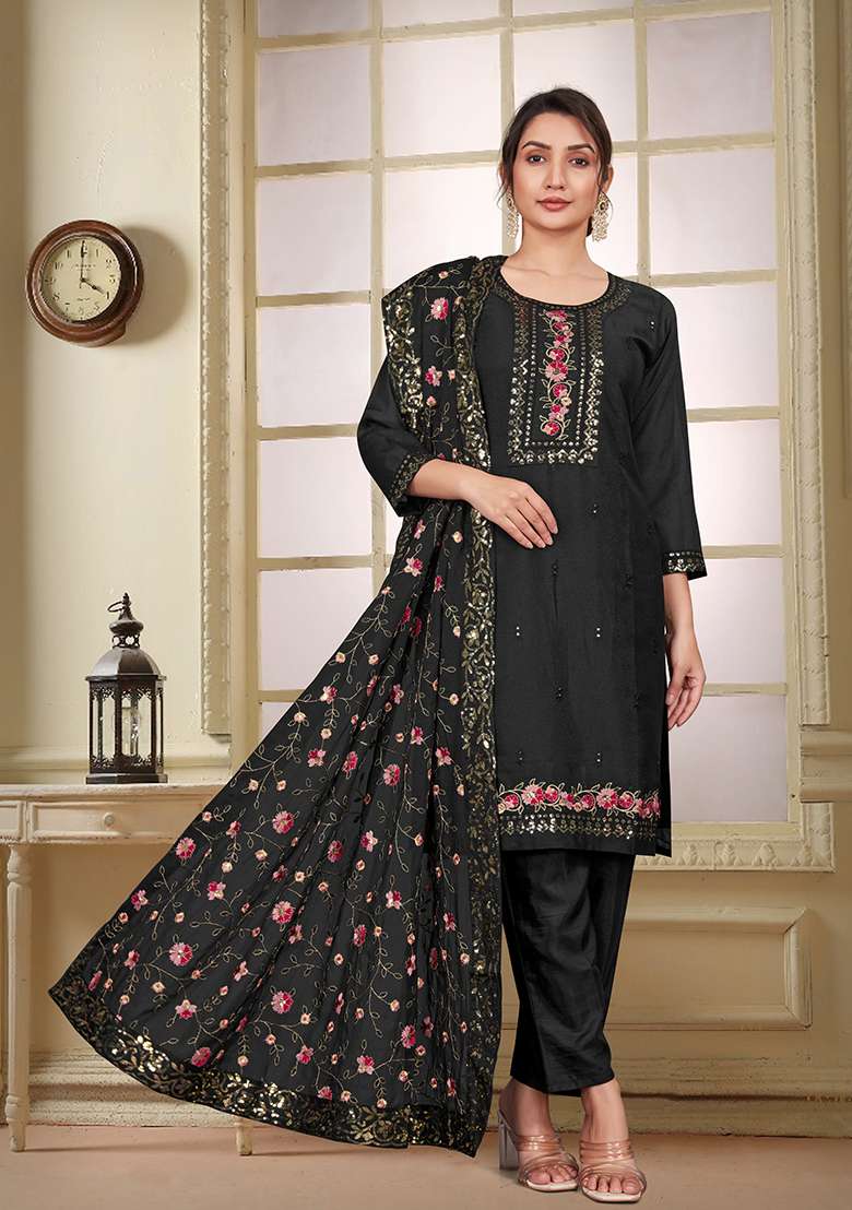 Black Embroidered Georgette Straight Kurta Set - Indya