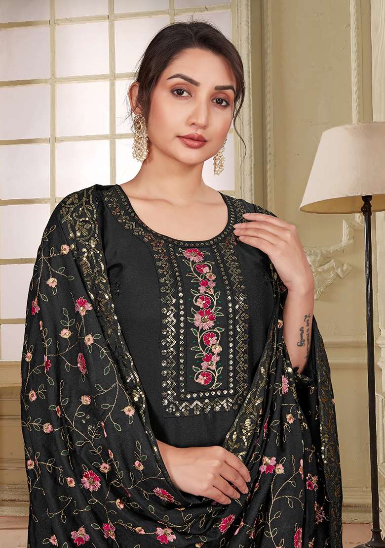 Black Embroidered Georgette Straight Kurta Set - Indya