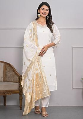 White Embroidered Art Silk Kurta Set