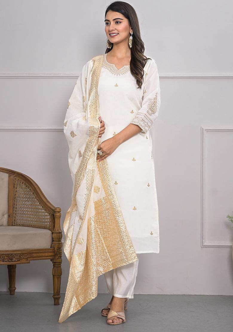 White Embroidered Art Silk Kurta Set