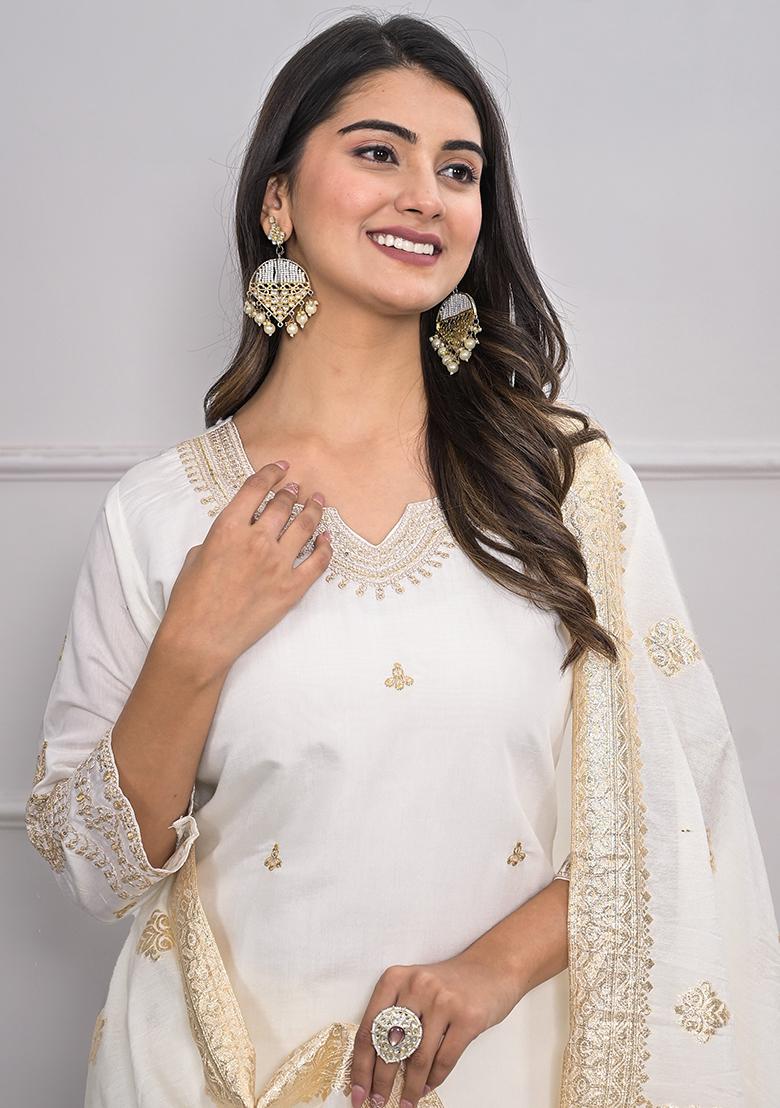 White Embroidered Art Silk Kurta Set