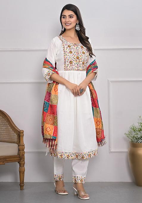 White Embroidered Art Silk Kurta Set