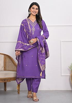 Lavender Embroidered Art Silk Kurta Set