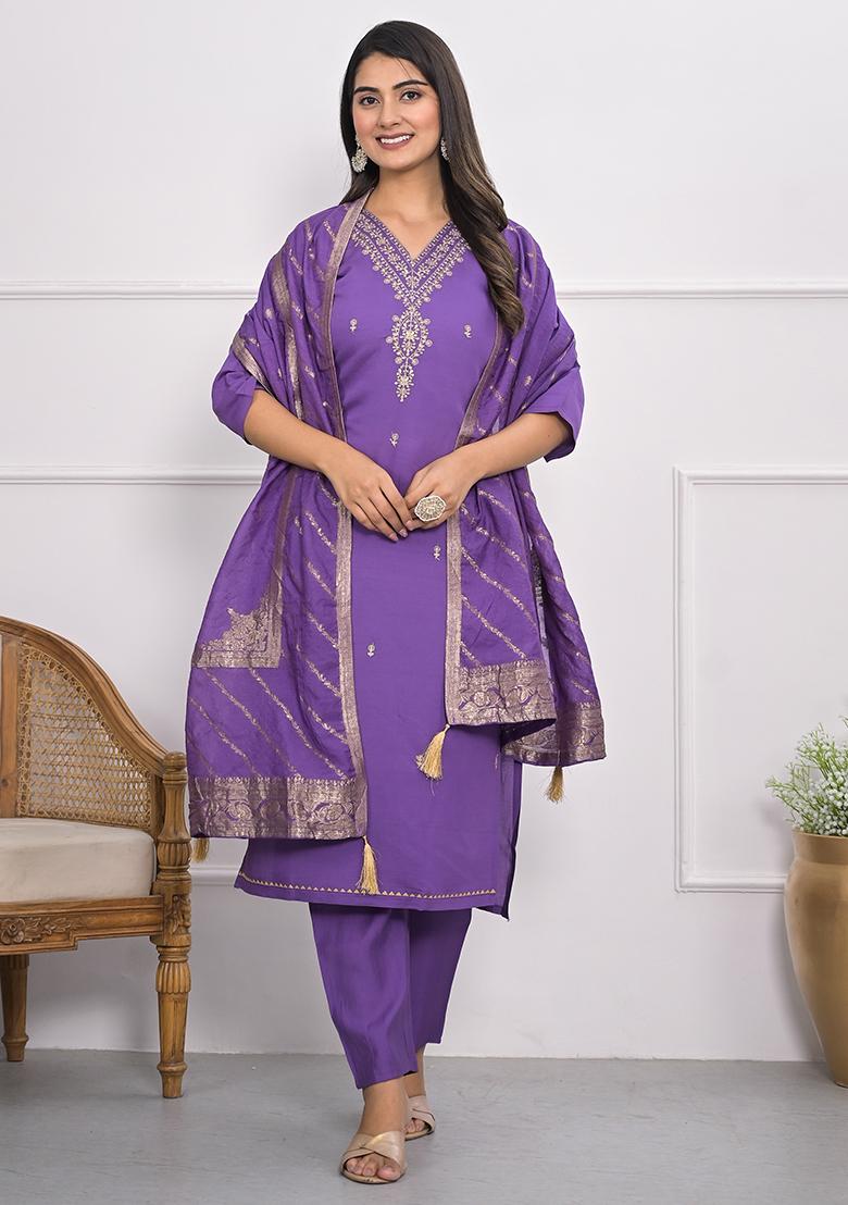 Lavender Embroidered Art Silk Kurta Set