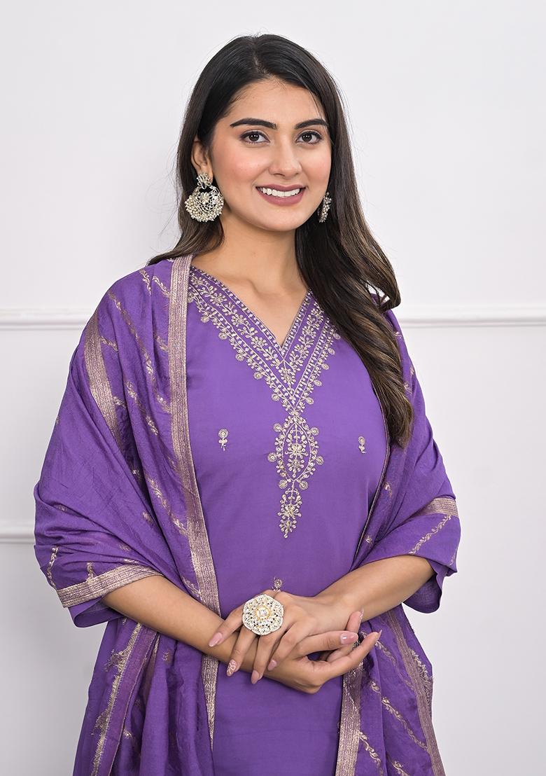 Lavender Embroidered Art Silk Kurta Set
