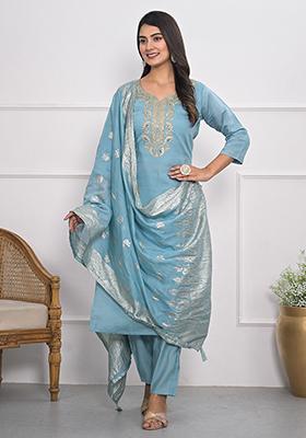 Blue Embroidered Art Silk Kurta Set