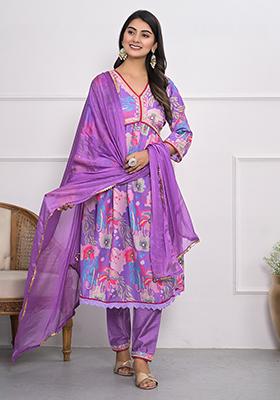 Purple Embroidered Art Silk Kurta Set