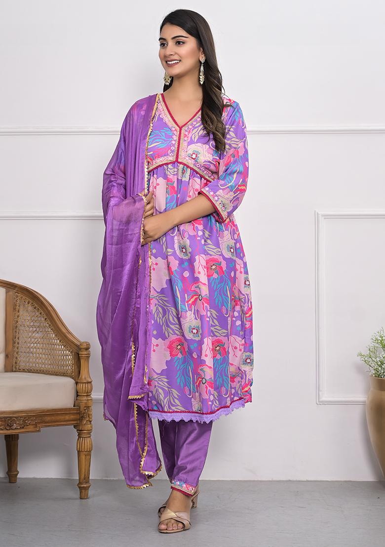 Purple Embroidered Art Silk Kurta Set
