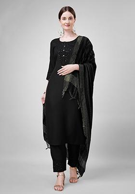 Black Embroidered Blended Cotton Kurta Set
