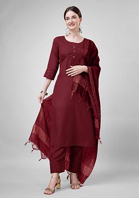 Maroon Embroidered Blended Cotton Kurta Set