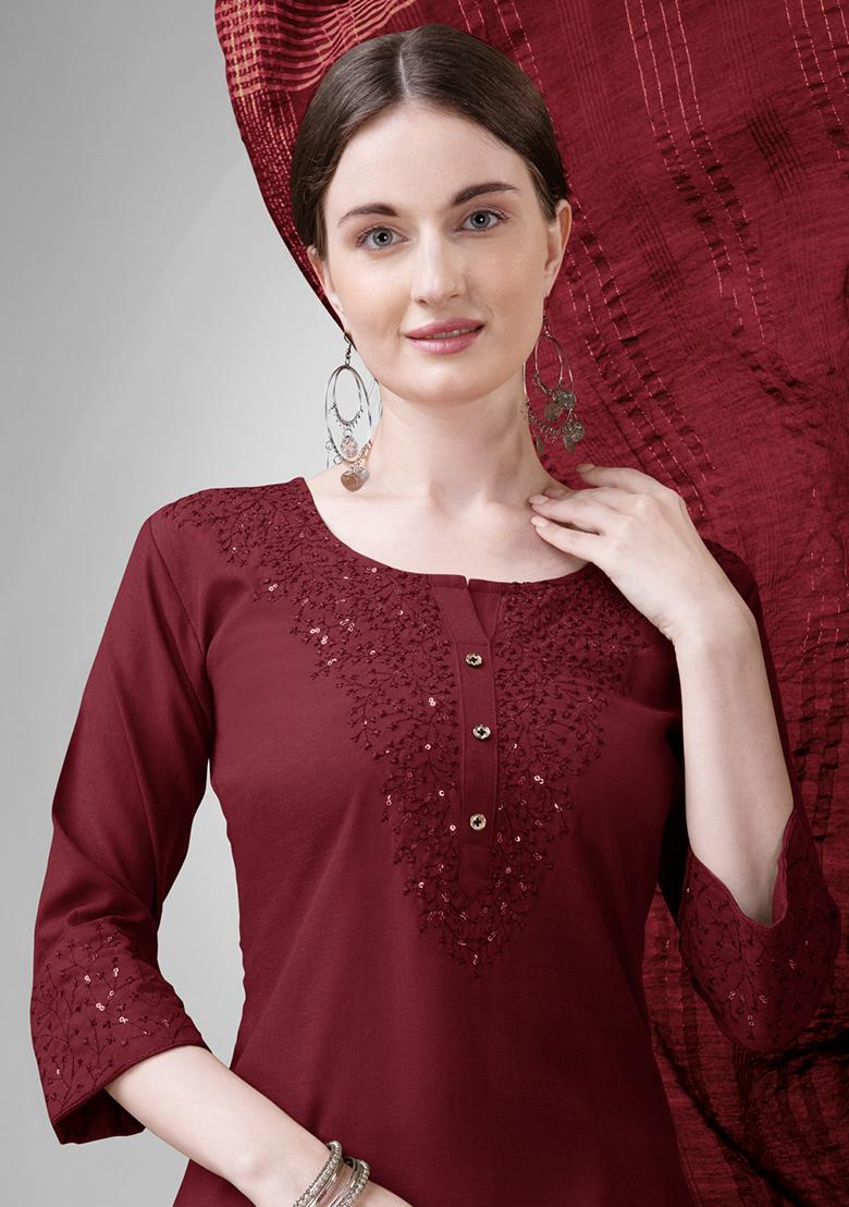 Maroon Embroidered Blended Cotton Kurta Set