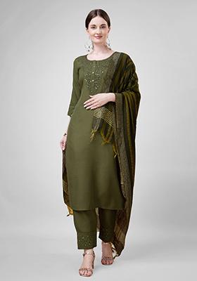 Green Embroidered Blended Cotton Kurta Set