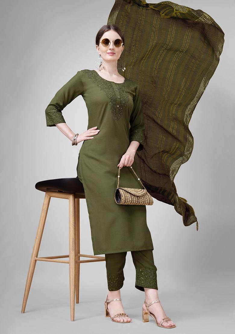 Green Embroidered Blended Cotton Kurta Set