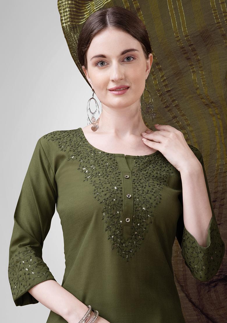 Green Embroidered Blended Cotton Kurta Set