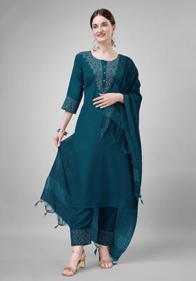 Teal Blue Embroidered Blended Cotton Kurta Set