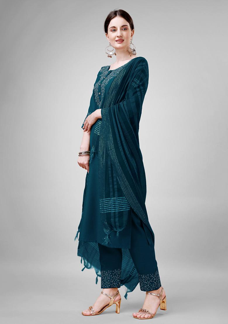 Teal Blue Embroidered Blended Cotton Kurta Set