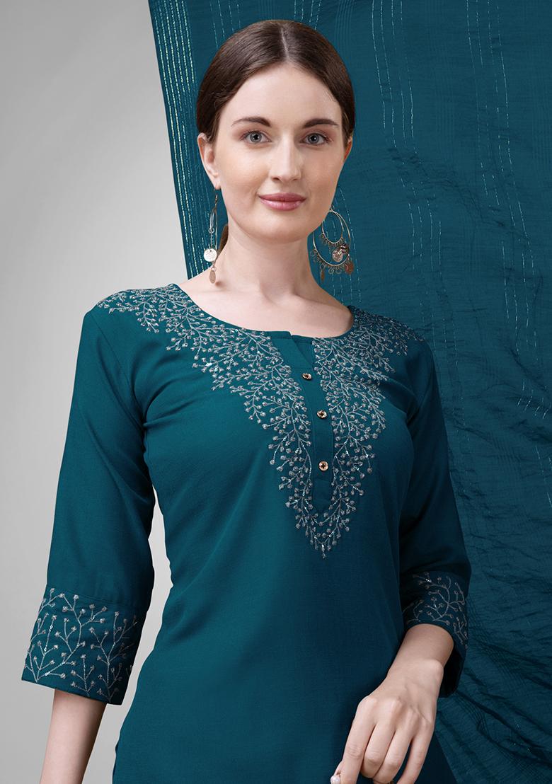 Teal Blue Embroidered Blended Cotton Kurta Set