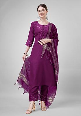 Purple Embroidered Blended Cotton Kurta Set