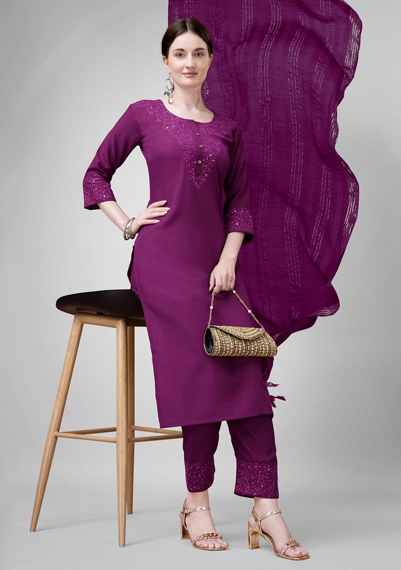 Purple Embroidered Blended Cotton Kurta Set