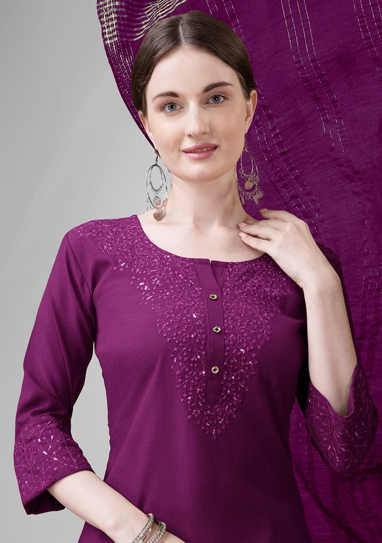 Purple Embroidered Blended Cotton Kurta Set