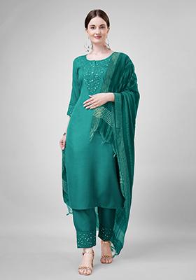 Green Embroidered Blended Cotton Kurta Set