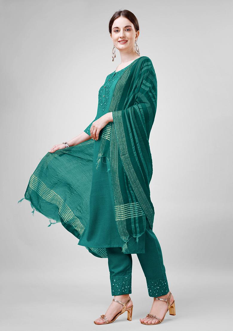 Green Embroidered Blended Cotton Kurta Set