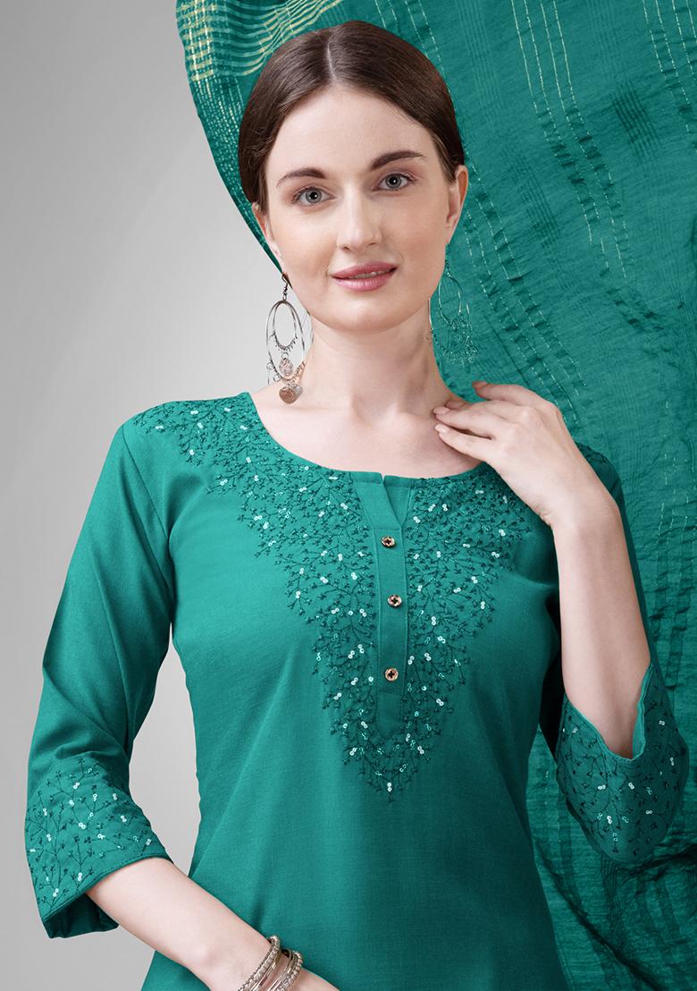 Green Embroidered Blended Cotton Kurta Set