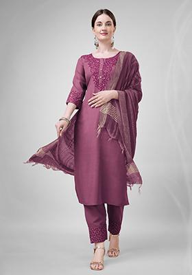 Wine Embroidered Blended Cotton Kurta Set