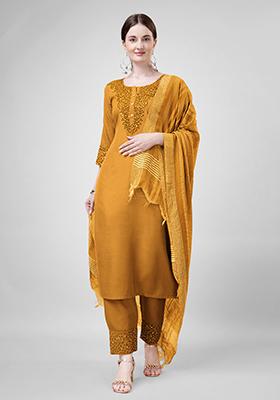 Mustard Embroidered Blended Cotton Kurta Set