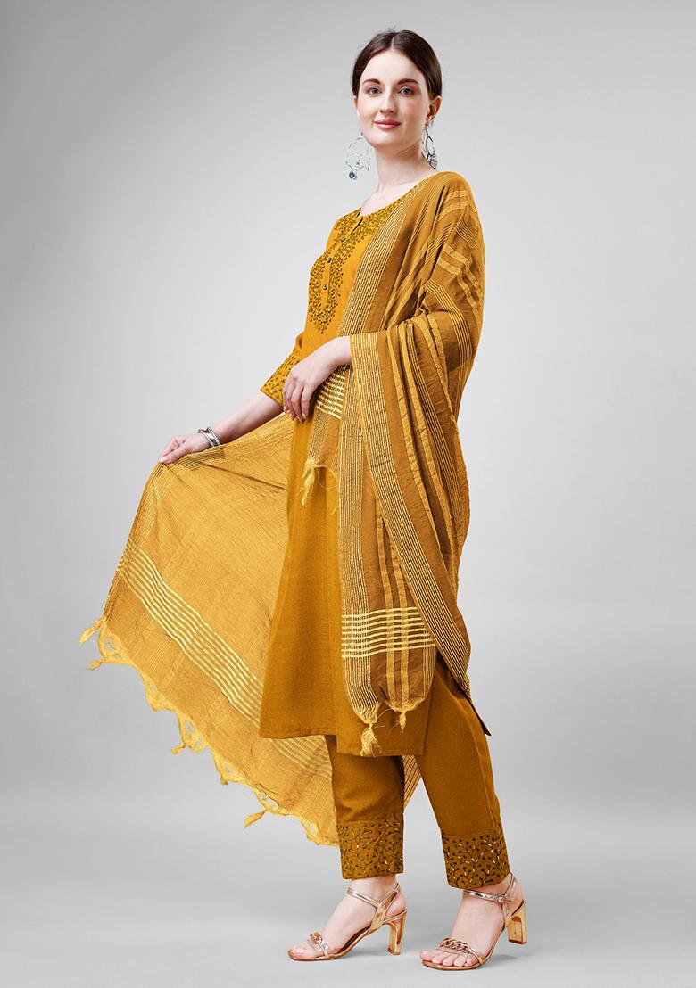 Mustard Embroidered Blended Cotton Kurta Set