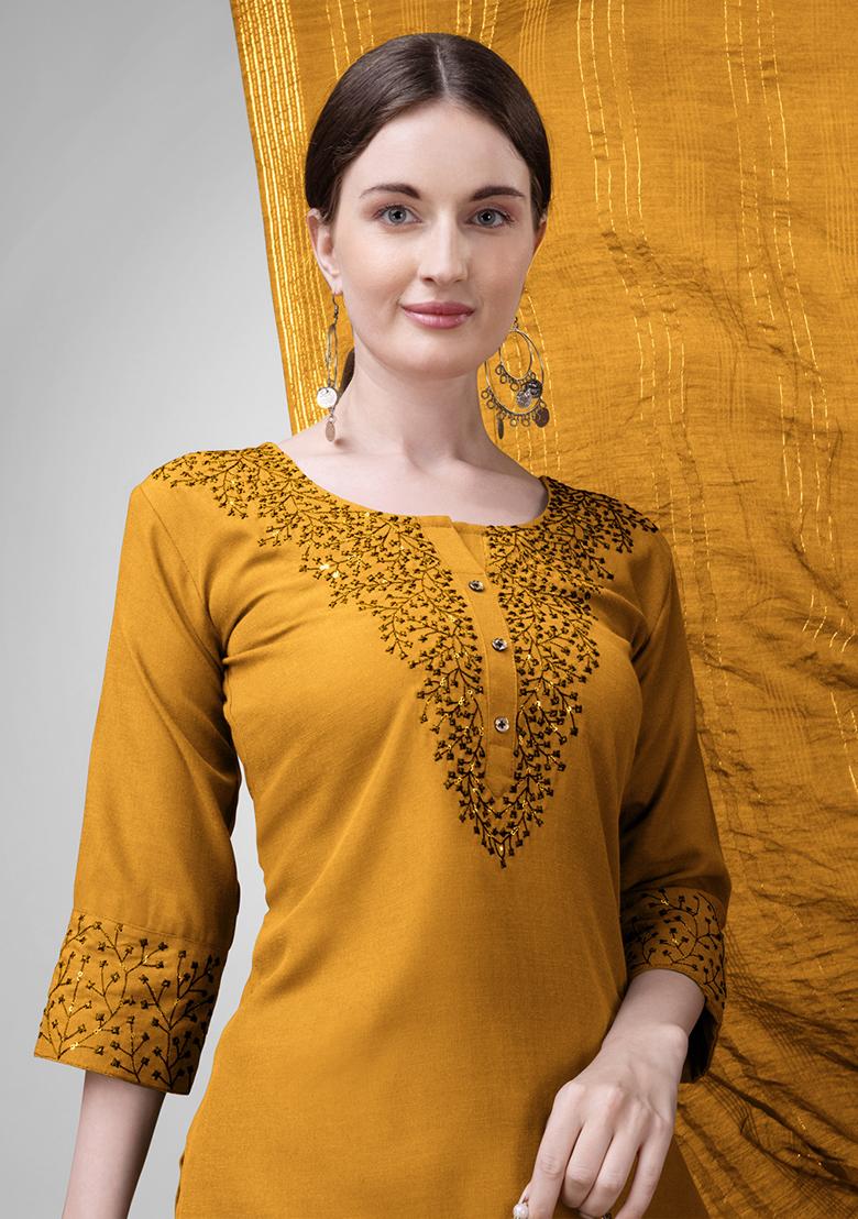 Mustard Embroidered Blended Cotton Kurta Set