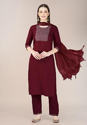 Maroon Embroidered Blended Cotton Kurta Set