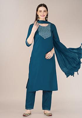 Teal Blue Embroidered Blended Cotton Kurta Set