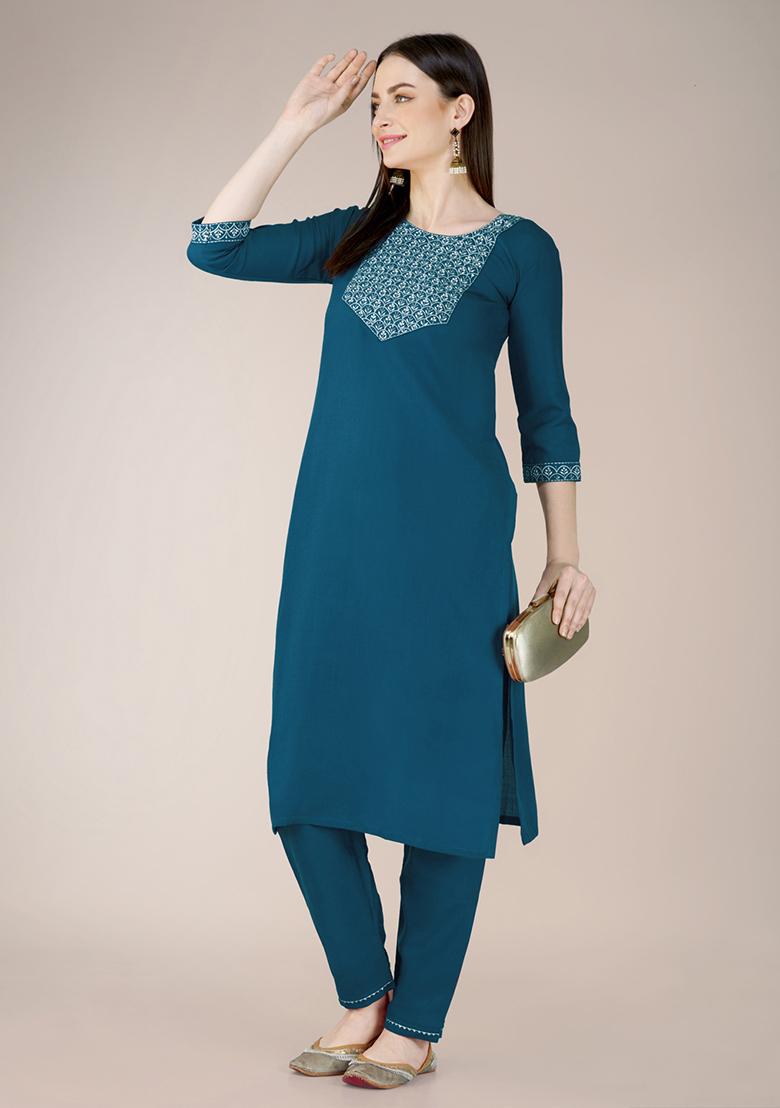 Teal Blue Embroidered Blended Cotton Kurta Set