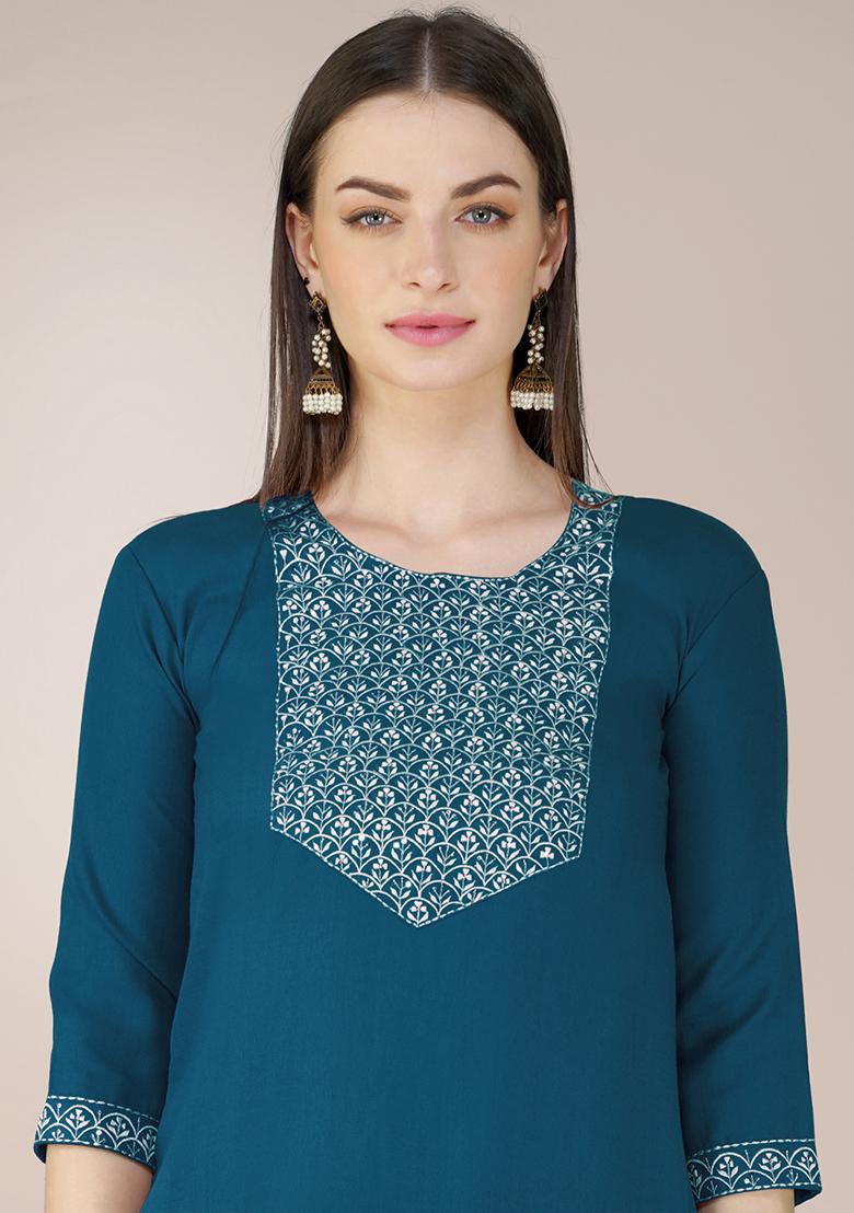 Teal Blue Embroidered Blended Cotton Kurta Set