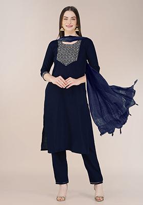 Navy Blue Embroidered Blended Cotton Kurta Set