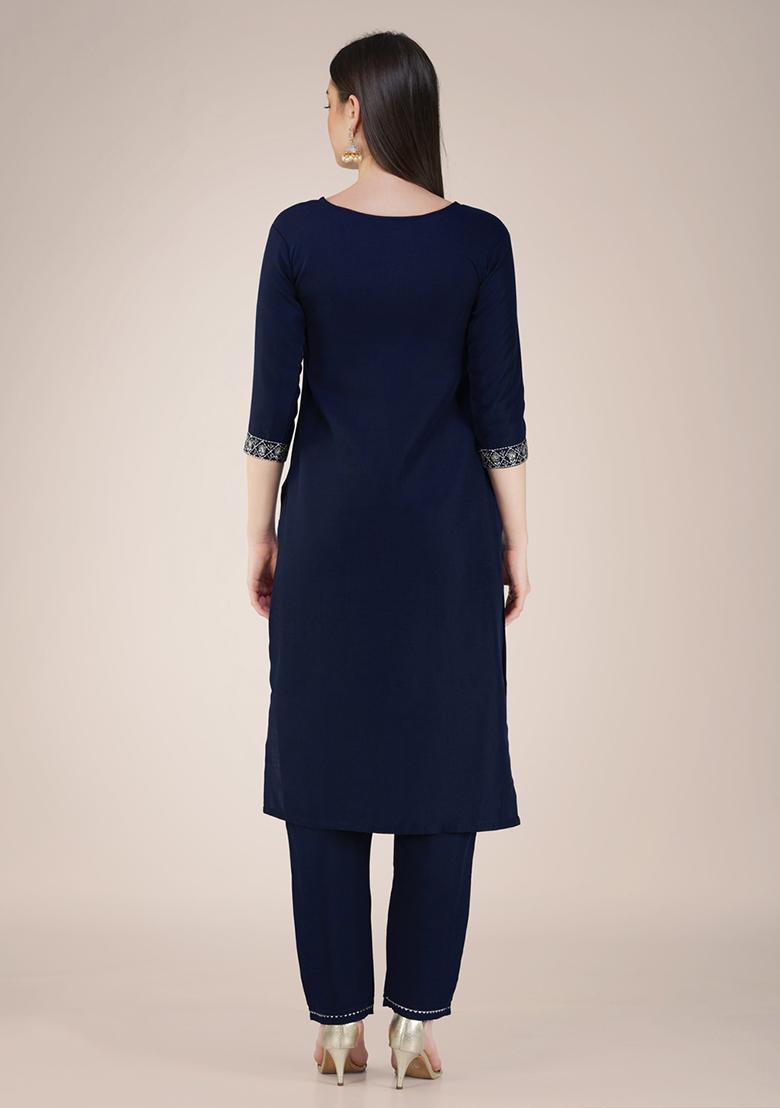 Navy Blue Embroidered Blended Cotton Kurta Set