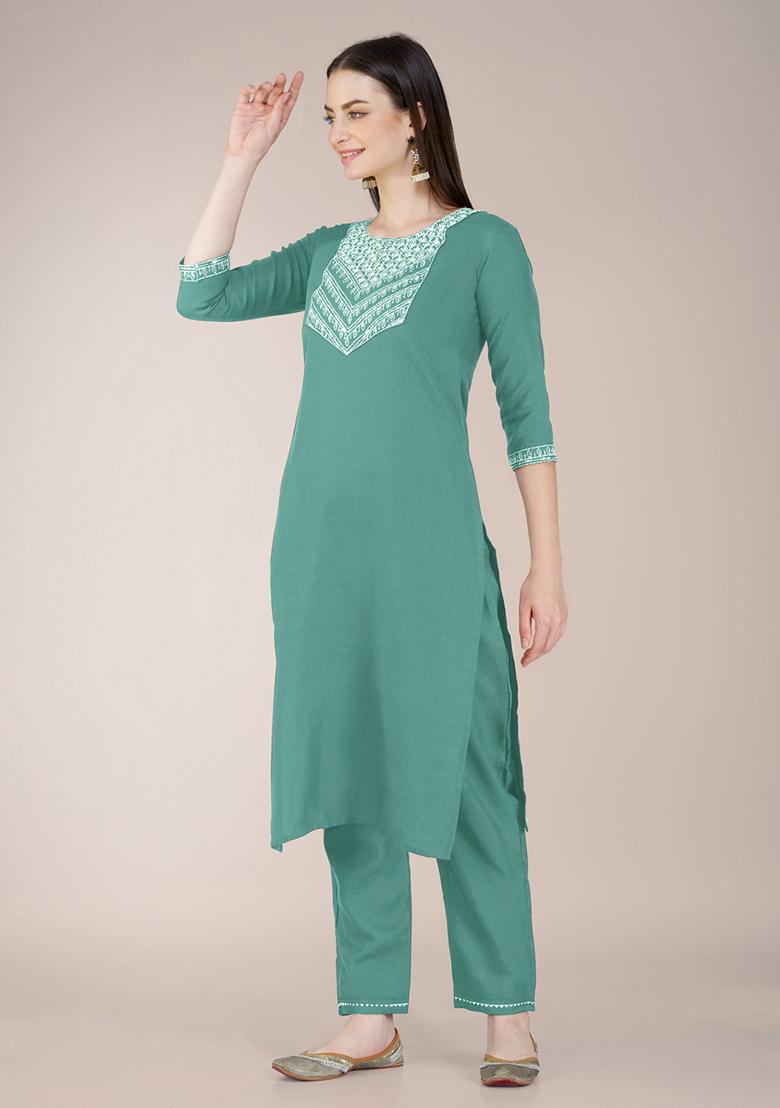 Teal Green Embroidered Blended Cotton Kurta Set