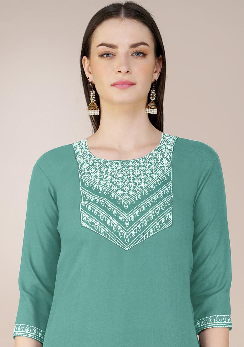 Teal Green Embroidered Blended Cotton Kurta Set