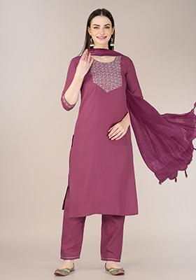 Wine Embroidered Blended Cotton Kurta Set