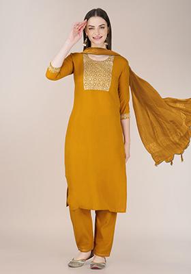 Mustard Embroidered Blended Cotton Kurta Set