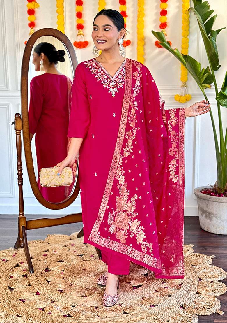 Pink Embroidered Viscose Straight Kurta Set - Indya