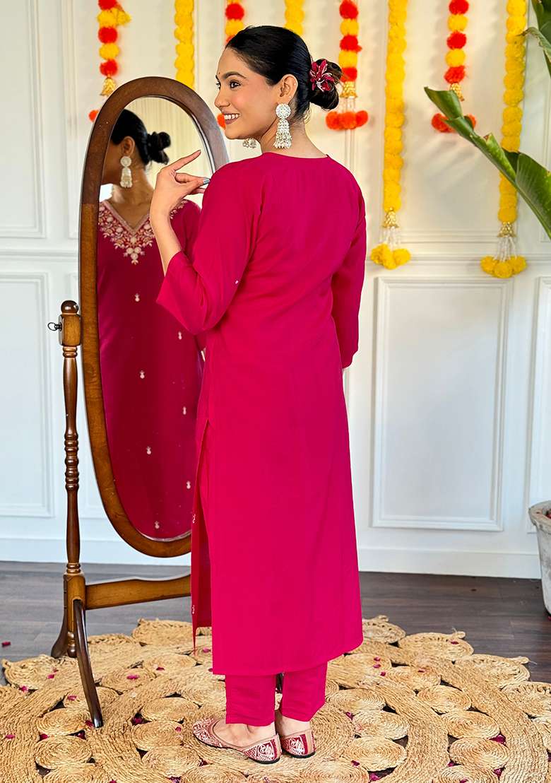 Pink Embroidered Viscose Straight Kurta Set - Indya