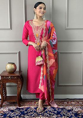 Pink Embroidered Viscose Kurta Set