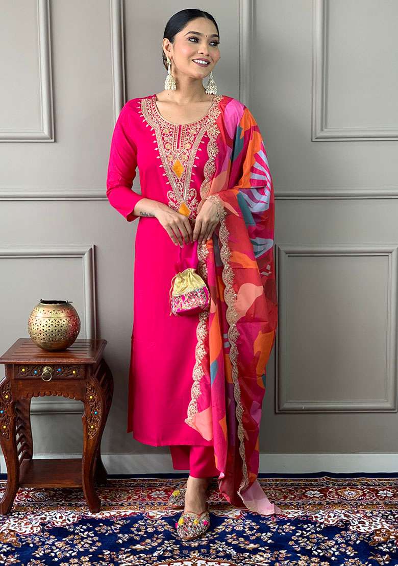 Pink Embroidered Viscose Straight Kurta Set - Indya