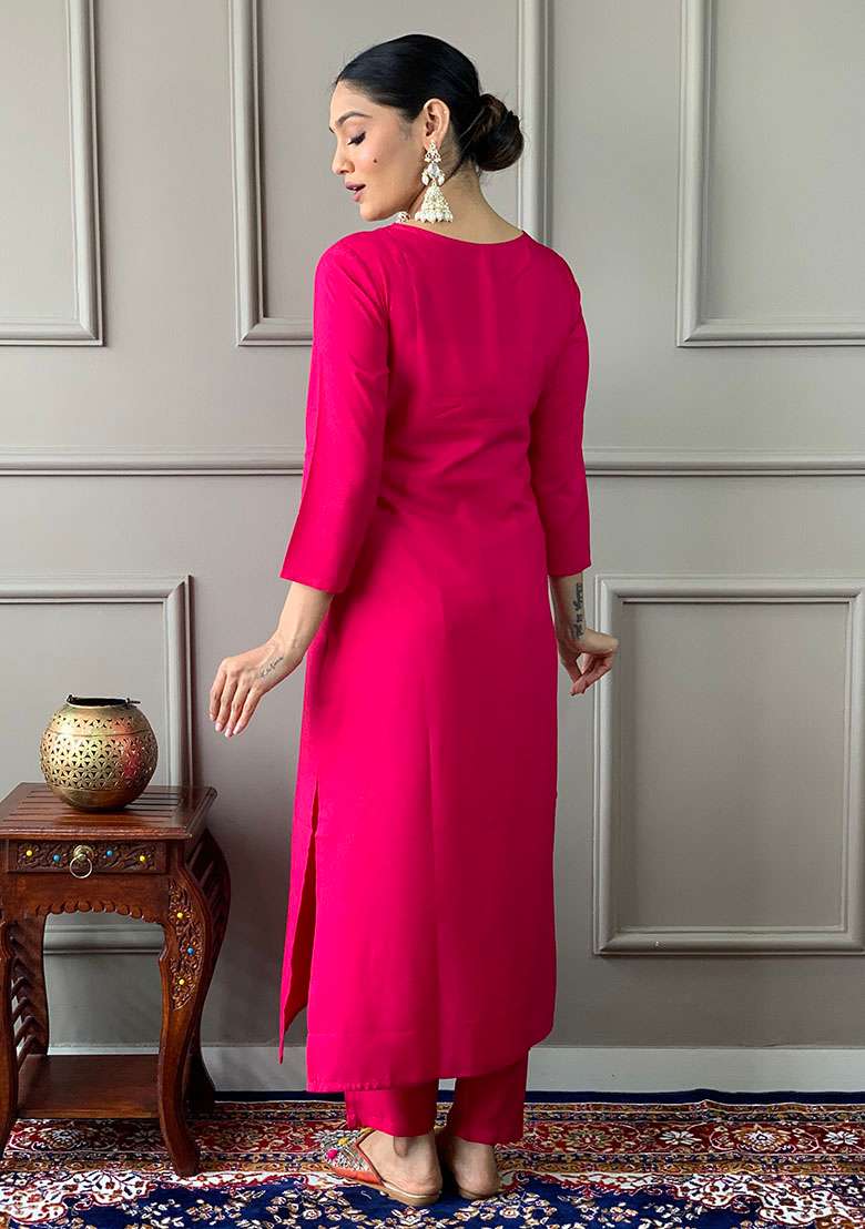 Pink Embroidered Viscose Straight Kurta Set - Indya